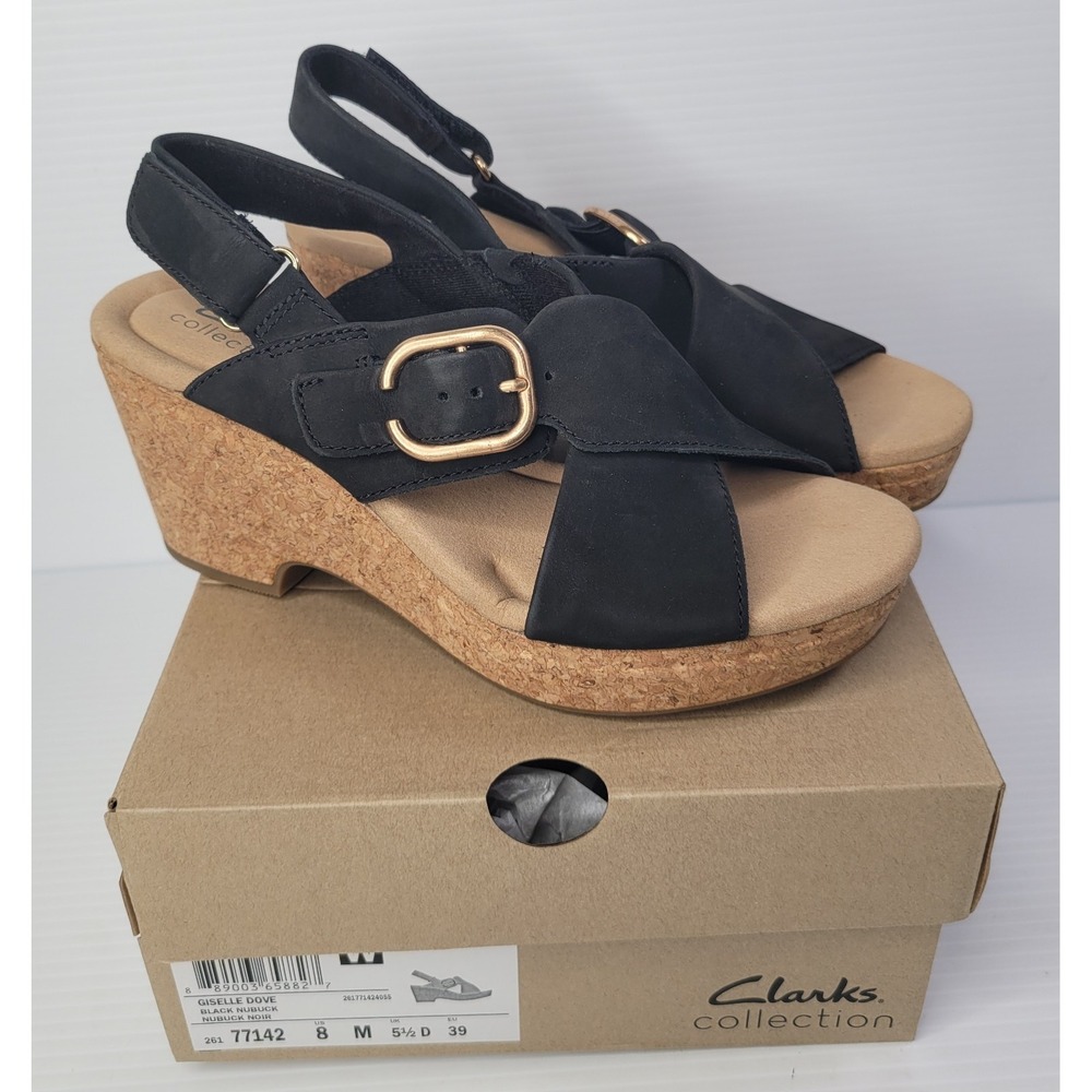 Clarks Women Giselle Dove Cork Wedge Slingback Sandals US 8M Black Nubuck NEW - Picture 10 of 10